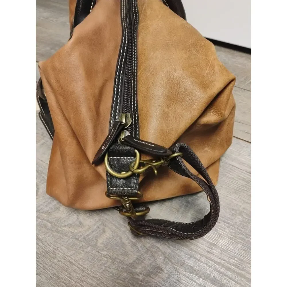 Vintage 90s Timberland Brown 100% Leather Duffle Bag Carry On Weekender Strap